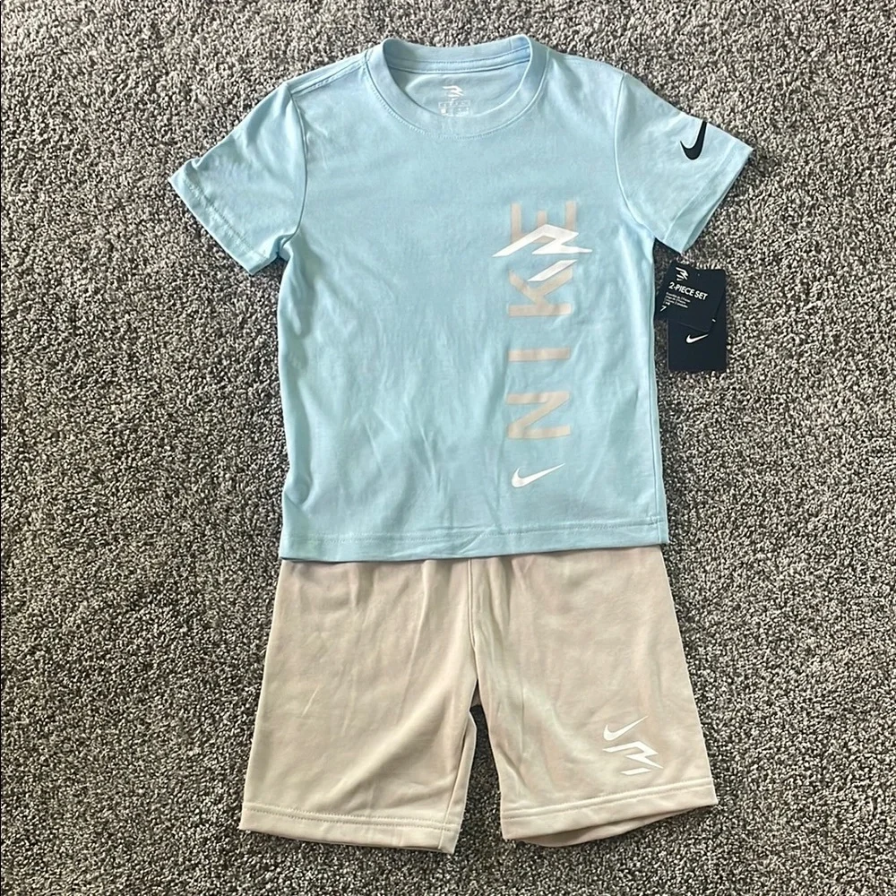 Nike Kids Light Blue Tee & Beige Shorts Matching Set